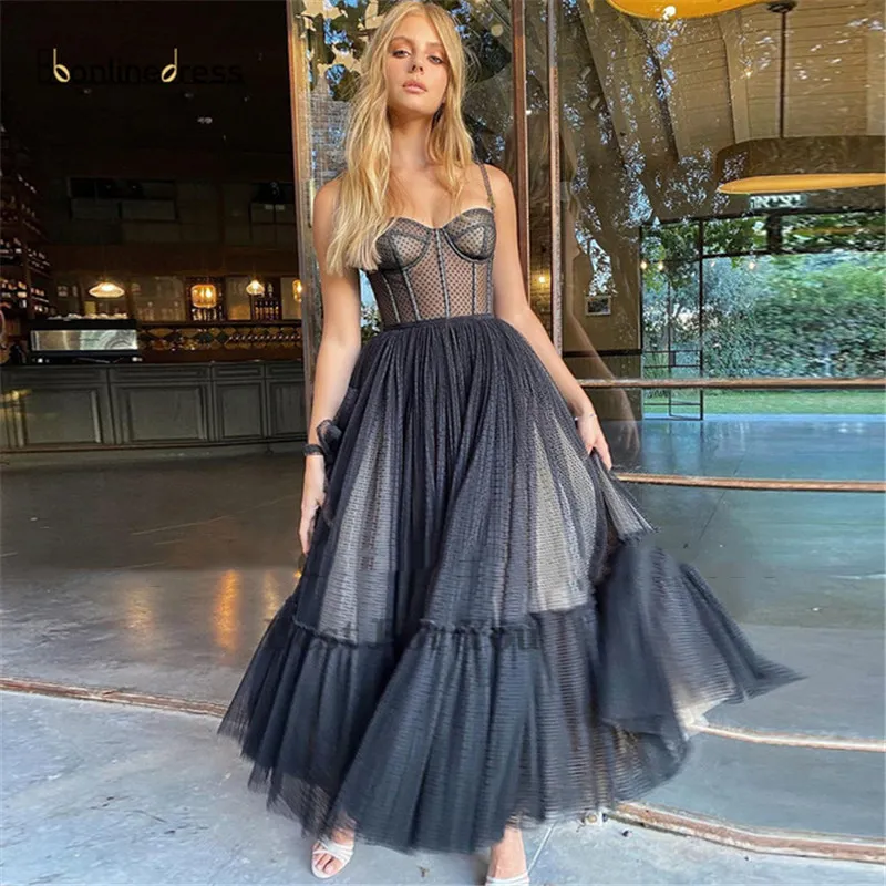Sexy negro punteado tul hinchado prensa vestidos de fiesta una l nea espaguetis correas cors tobillo longitud de compromiso vestido especial
