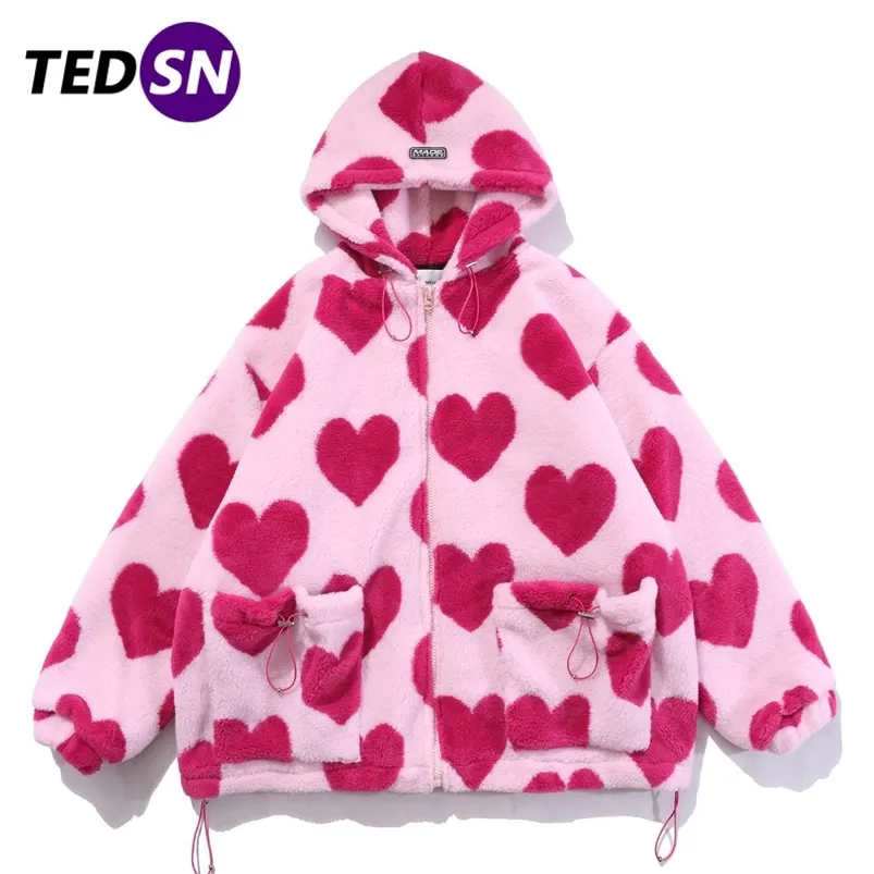 バレンタインデーSherpa Coat Love Heartプリントジャケットヒップホップ厚いパーカーLambswool男性女性冬の街路壁の毛皮の毛皮の毛皮を凌駕210818