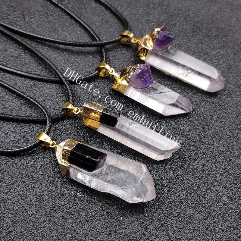 Natürlicher klarer Quarzkristall-Punkt-Anhänger mit rohem rauem Amethyst-Schwarzturmalin-Stein-Halskette, vergoldet, unregelmäßiger weißer Stein-Edelstein-Heilungshalsketten