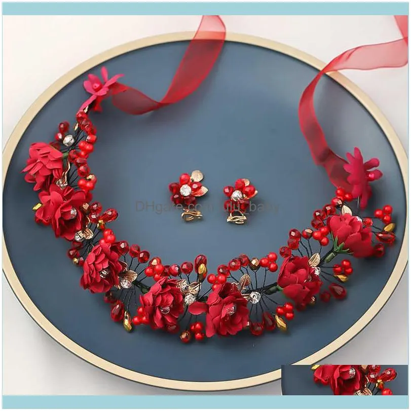 Red Pearl Crystal Flower Wedding Headband Earring Sets For Women Jewelry Tiara band Wreath Bride Crown Hair Accessories