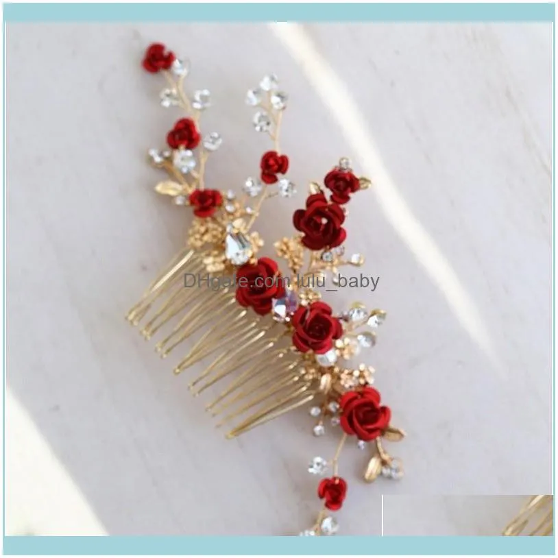 Jewelryjonnafe Kırmızı Gül Çiçek Başlığı Kadınlar için Prom Rhinestone Bridal Track Aessories El Yapımı Düğün Saçı Takı Damlası Teslimat 2021 AG