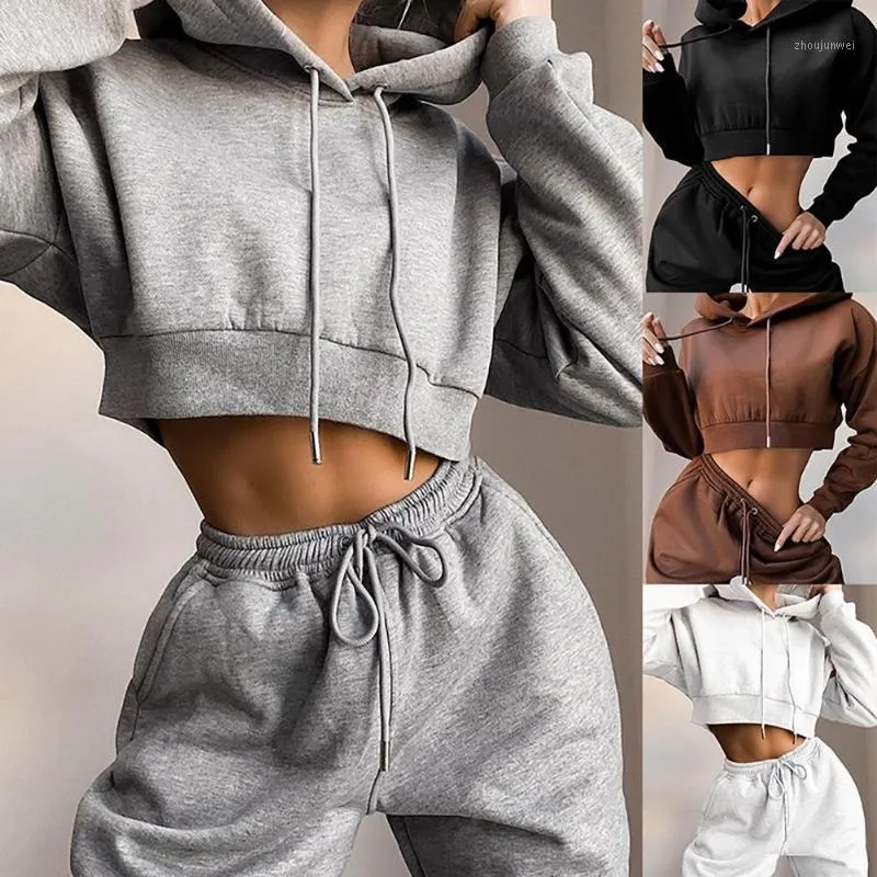 Tuta in pile autunno Donna Set due pezzi Felpa con cappuccio tinta unita Crop Top e pantaloni Tuta da jogging Completi di abbigliamento femminile Abiti da donna Tra