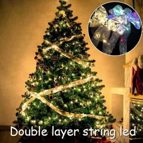 50 LED 5M Double Layer Fairy Lights Strings Christmas Ribbon Bows With LED Christmas Tree Ornaments New Year Navidad Home Decoration GC583