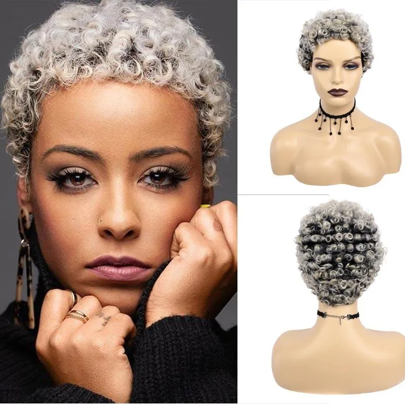 Synthetic Wigs Grandma's Fashion Short Afro Curly Wig For Black Women Grey Wavy Natural As Real Party