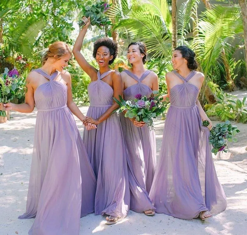 Lilac Halter Bridesmaid Dresses Chiffon Ruched Pleats Sash Floor Length Custom Made Maid Of Honor Gown Beach Wedding Party Wear Vestido 403 403