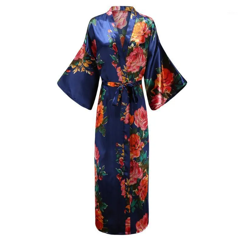 Indumenti da notte da donna Stampa floreale Abito lungo per le donne Nobile Abito da sposa Kimono Casual Intimo Raso di seta Elegante camicia da notte