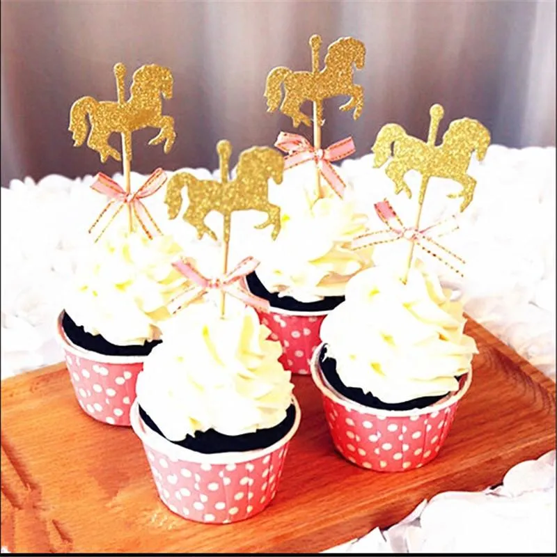 Andere festliche Partei liefert 5 Stück Pferd Cupcake Topper mit Fliege Glitter Gold Karussell Hochzeit Geburtstag Kuchen Dekoration DIY handgemachte De