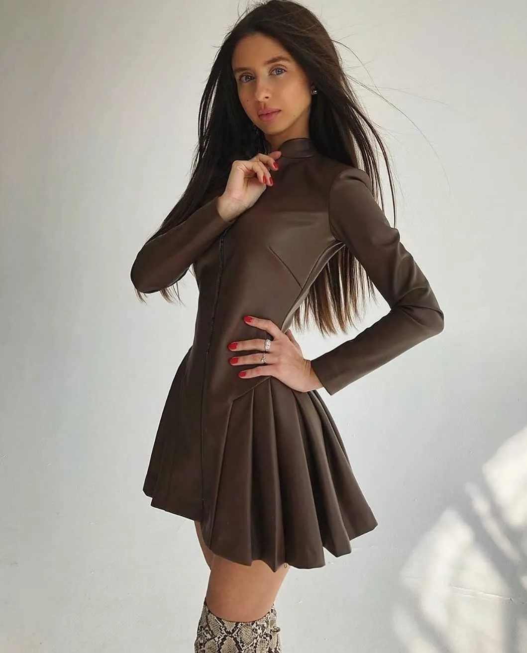 chinese dress ladies Faux Leather Belted Dress with Ruched Sleeves Burnt Orange / XL main image 0