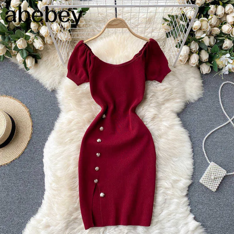 Women Knitted Dress Korean O Neck Blackless Elastic Pencil Dress Summer Sexy Slim Streetwear Short Dress 210715