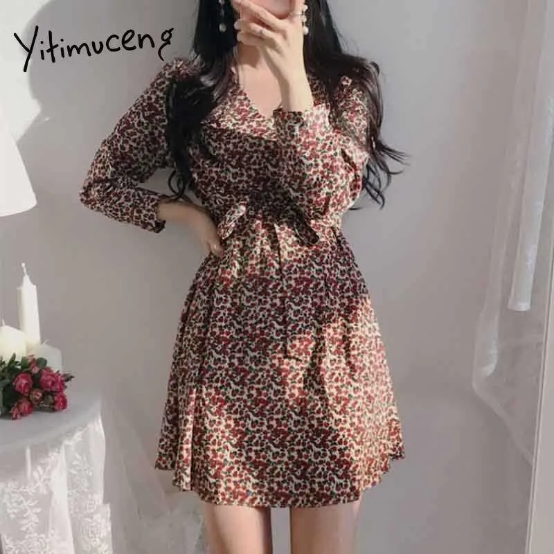 YITIMUCENG Çiçek Baskı Elbiseler Kadın Artı Boyutu Yüksek Bel Kayısı Siyah Sundress Bahar Moda Boho Şifon Mini Elbise 210601