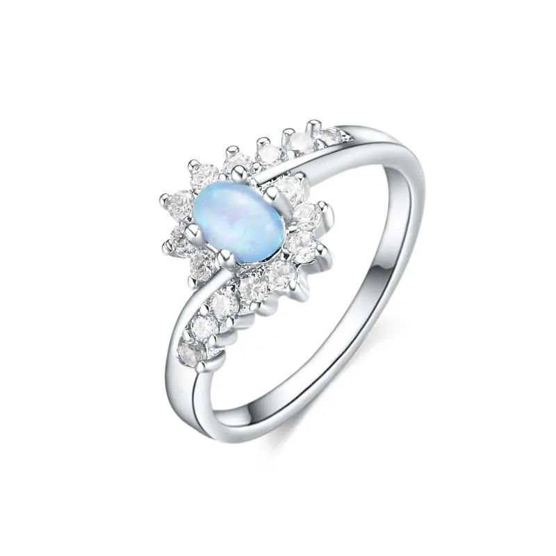 Bröllopsringar Silver Ring Classic Fashion Asymmetric Mosaic Blue Opal Hand smycken Temperament Women