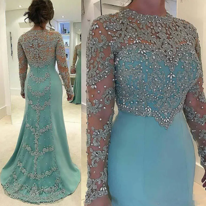 Rhinestones Beaded Appliques Mother of the Bride Dresses Mint Green Mermaid Wedding Dress Sparkly Long Sleeve Formal Party Gowns229N