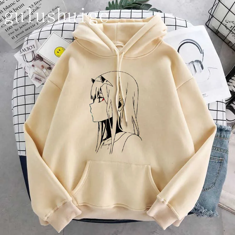 Älskling i franxx hoodie anime hajuku noll två vacker flicka unisex streetwear lös hip hop hooded tröja män kvinnor h0909