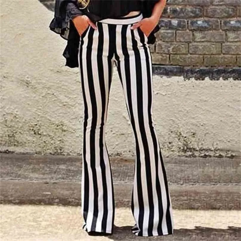 Vrouwen losse broek elegante zwarte verticale gestreepte hoge taille zak wijde beenbroek belbodems flare 210915