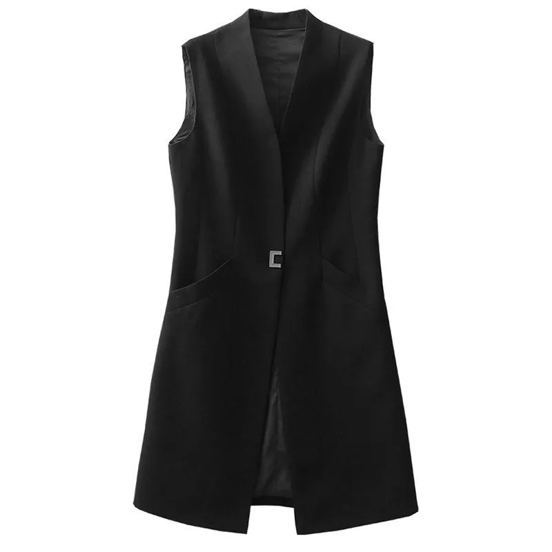 Damenanzüge-Blazer, hochwertige Weste, Jacke, Schwarz, lang, legerer Anzug, Frühling und Herbst, modisch, ärmellos, Damen-Blazer, elegant, weiblich