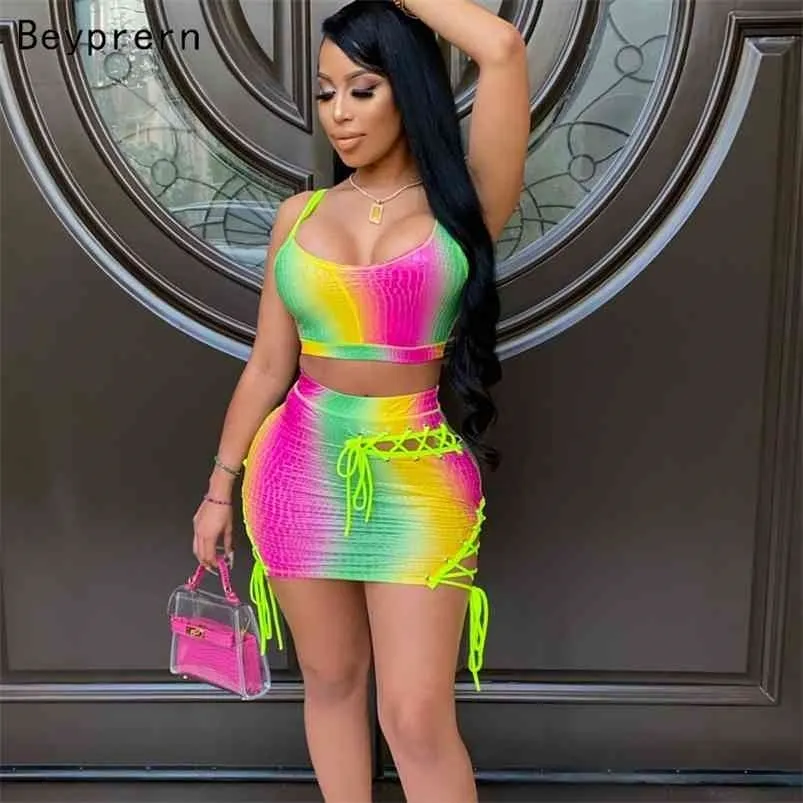 Chic Rainbow Print Crop Top And Skirt Set Two Piece Summer Suit With Lace Up Bandage Tracksuit For Women Perfect For Parties And Clubs Style 210730 From Dou01 15.07 DHgate.Com