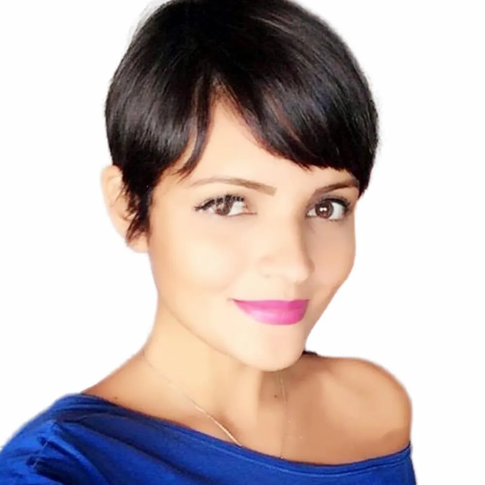 Pixie Cut Wigs Máquina Completa Perucas de Cabelo Humano para Mulheres Negras Muito Curta Reta No Rendas Front Senhoras Peruca