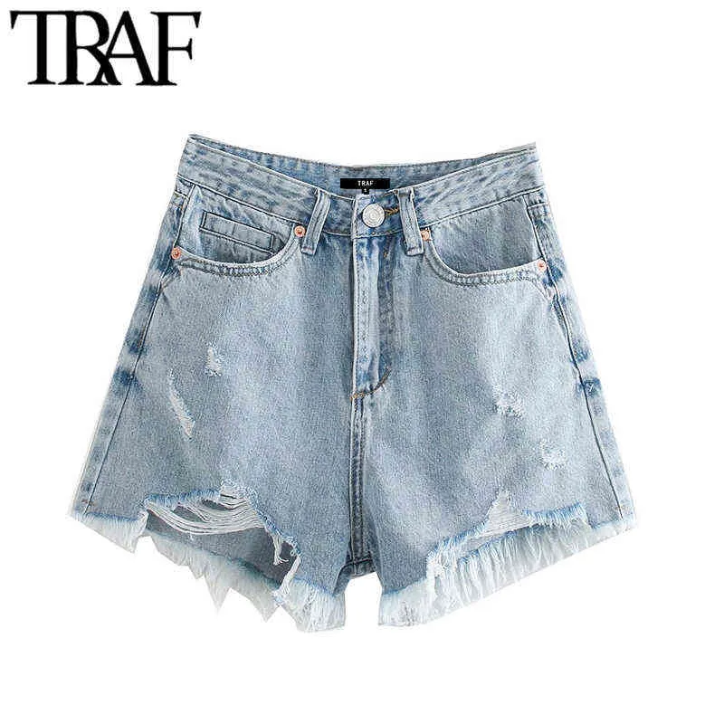 TRAF Women Chic Fashion Pockets Frayed Hem Ripped Denim Shorts Vintage Hoge Taille Rits Vlieg Vrouw Korte Jeans Mujer 211129