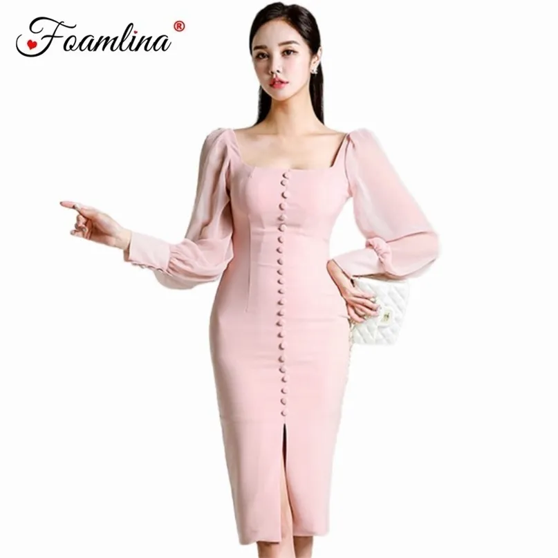 Square Neck Chiffon Long Sleeve Front Split Pencil Dress Women Autumn Buttons Wear to Work Party Midi Sheath 210603