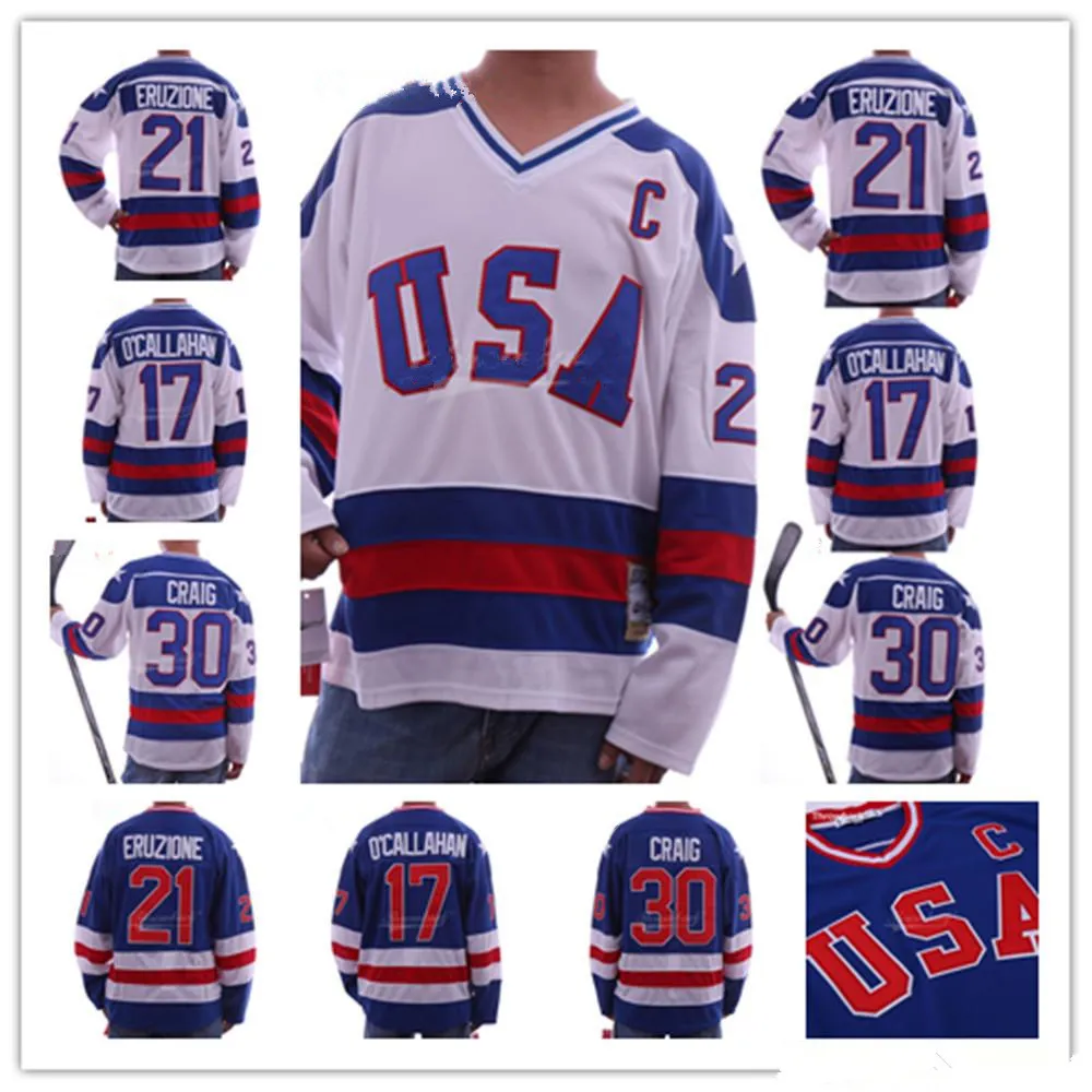 1980 Miracle on Ice Team USA 30 Jim Craig Jersey 17 Jack O'Callahan 21 Mike Eruzione Blue White Ed Hockey Jerseys
