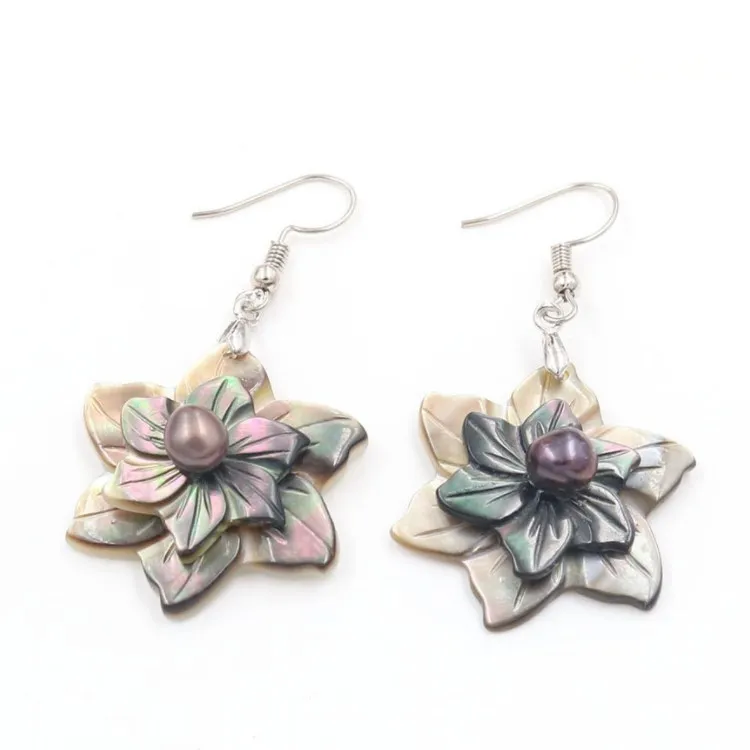 Flower Dangle Brincos Esculpidos Black Shell Mulheres Meninas Jóias 5 Pares