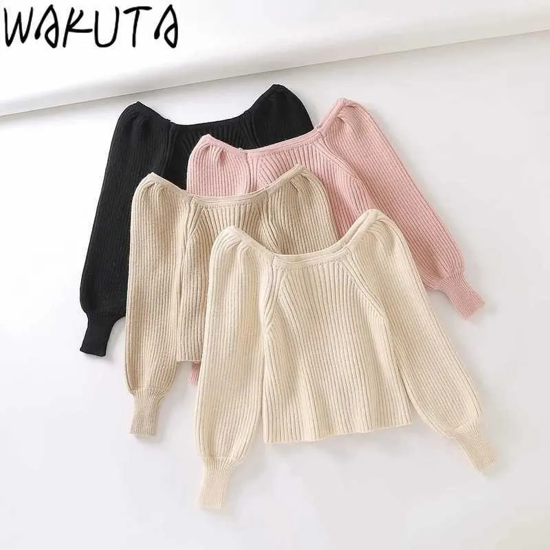 WAKUTA Simple Design Short Sweaters Women Elegant Solid Square Collar