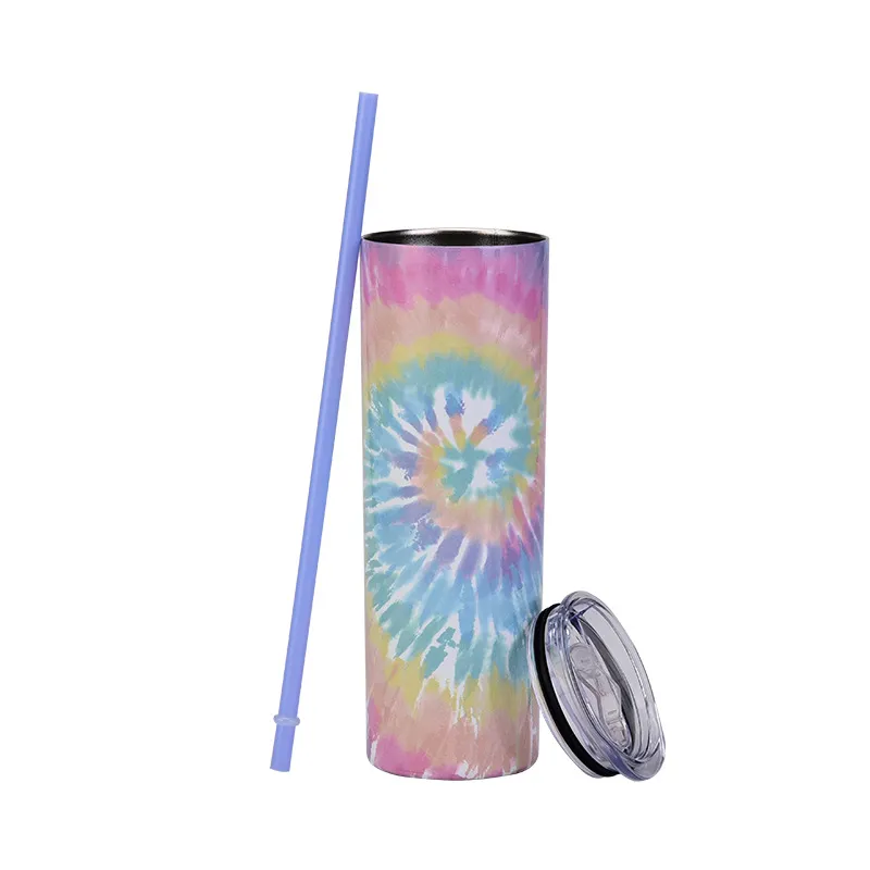 650ML Double Layer Stainless Steel Tumblers Creative Tie Dye Thermos Mug Vacuum Flask Fashion Printing Household Water Cup With Straw