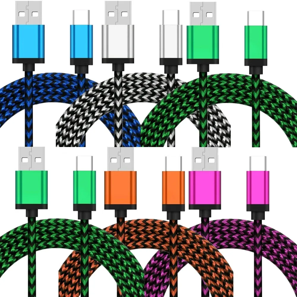 1M 2M 3M Câbles de tissu tressé coloré USB-C Type C Micro V8 Cable Cordon pour Samsung S6 S7 Edge S8 S10 S20 LG Android Phone PC