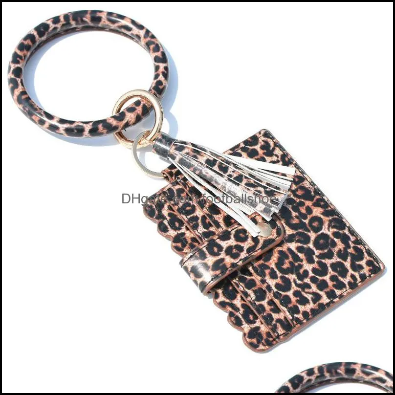 Amazon Hotsale Leopard Printed Wrist Key Chain PU Leather Keychain Big Circle Tassel Ring With Change Purse Wallet