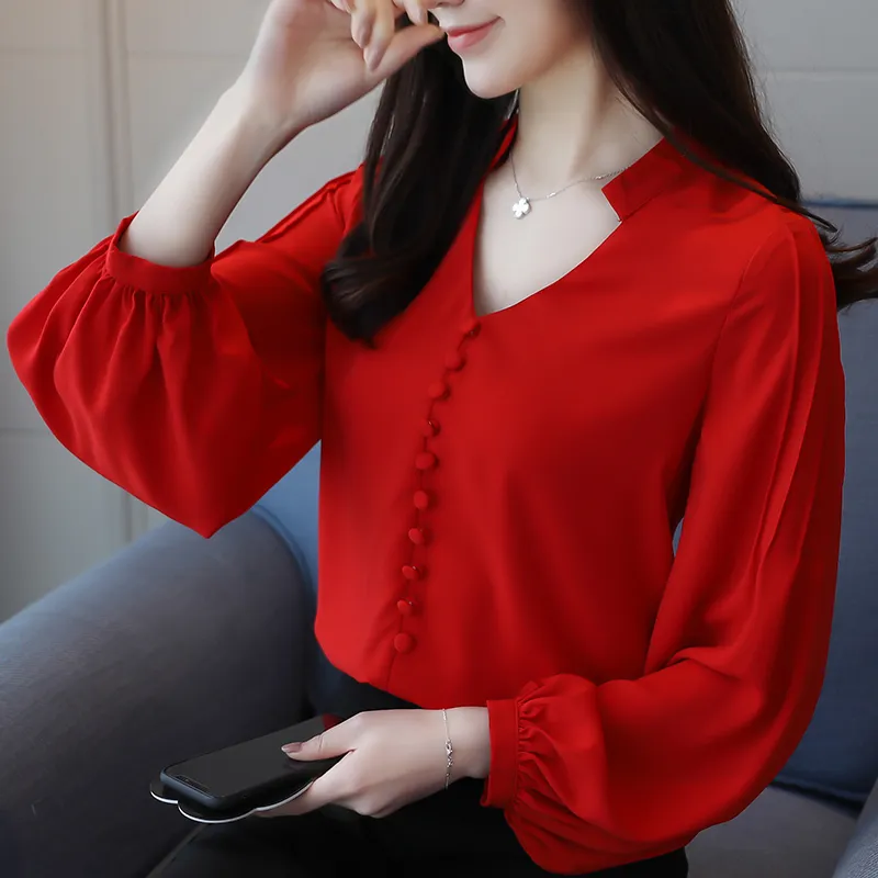 Blusas de moda para mujer, camisas de manga larga para mujer, blusa de gasa  roja, camisa con cuello en V, ropa de trabajo de oficina, tops y blusas