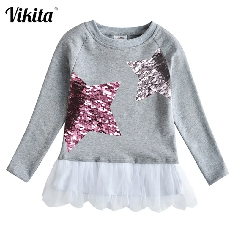 Vikita Girls Cekiny T Shirt Dzieci Z Długim Rękawem Patchwork Tees Todddlers Jesień Zima Wiosna Casual Nosić Dzieci Odzież 210306