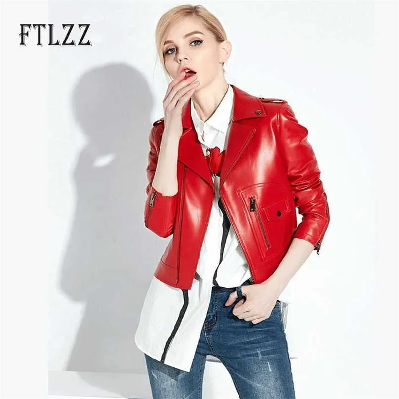 Women Red Faux Leather Jacket Spring Autumn Slim Long Sleeved Punk Style Short Coats Ladies Black Biker Moto Jackets 210525