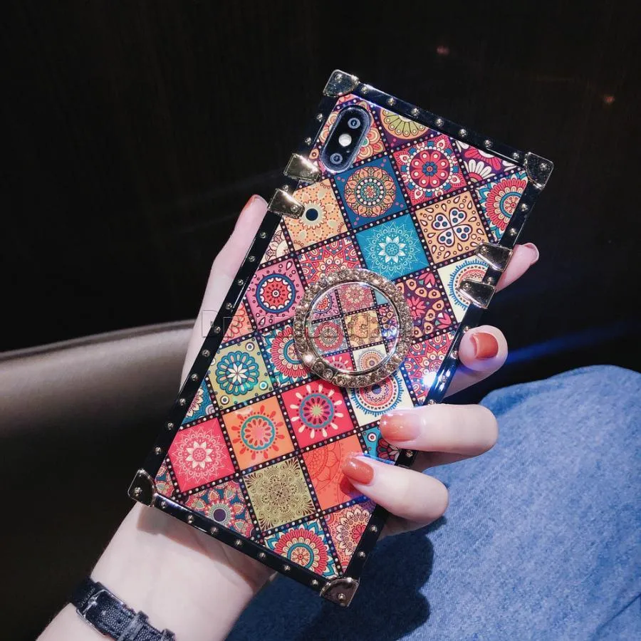 Blue Ray Square Phone Cases for iPhone 13 12 pro max Samsung S20 S21 Silicone with Ring Stand Holder Flower Rivet Box Phone Case Cover Dreamcatchers