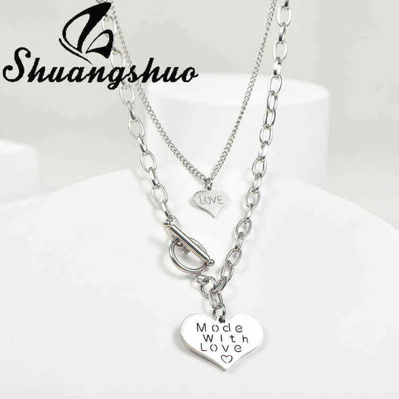 Shuangshuo rostfritt stål dubbel lager länk kedja halsband brevläge med kärlek hängande halsband för kvinnor mors dag gåva G1206