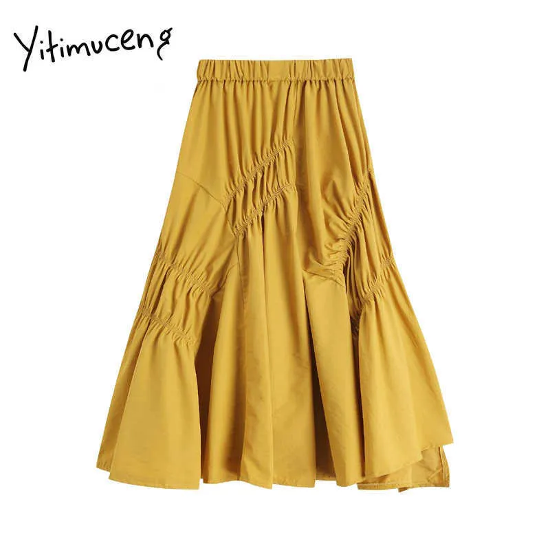 Yitimuceng Irregular Skirt Women Folds Vintage High Waist A-Line Solid Clothing Spring Summer French Fashion Skirts 210601