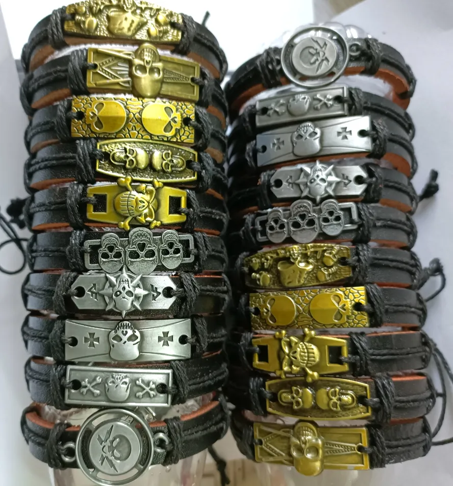 20PCS Men Assorted Skull Pattern Leather Alloy Bronze Bracelets Wristbands Bangles Cuff Punk Cool Jewelry Party Wholesale Wrist