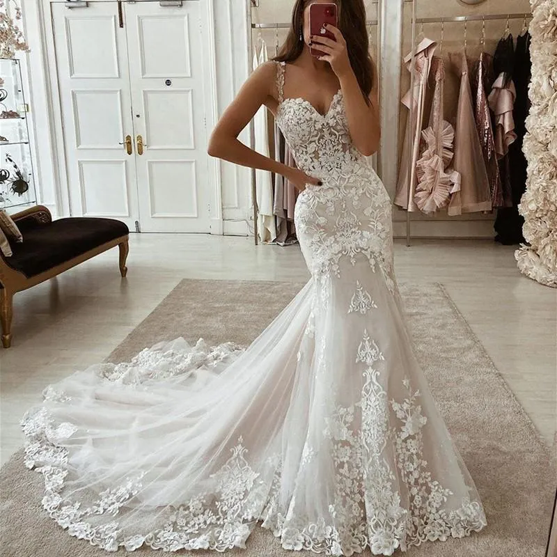 Sweetheart Spaghetti Straps Lace Mermaid Wedding Dress Mermaid Bridal –  winkbridal