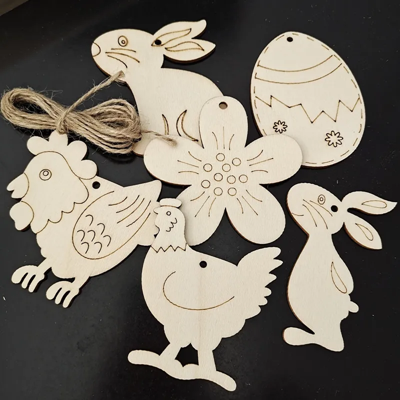 Frohe Ostern Holzeier mit Hanfseil Hase Kaninchen Küken Holz Handwerk für Zuhause Ostern Party hängen Dekor Kind DIY Malerei