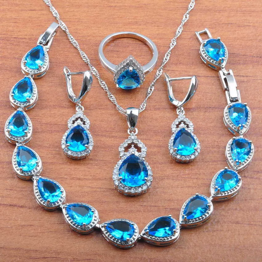 Letni orzeźwiający niebieski kryształowy zestaw biżuterii srebrny kolor kolczyki naszyjnik pierścieniowy bransoletka garnitur dzikie spódnica Daisy zestaw jubilerii JS0322 H1022