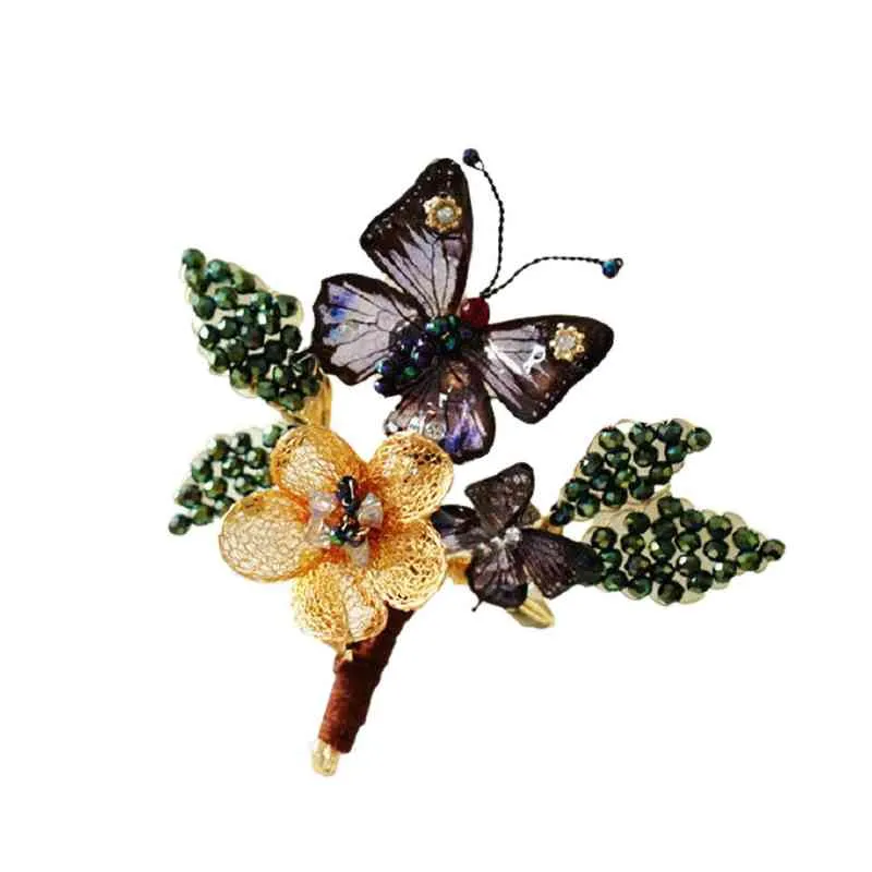 2021 Creative Mode Smycken Handgjorda Net Flower Butterfly Vintage Klänning Brosch Pin för Kvinnor