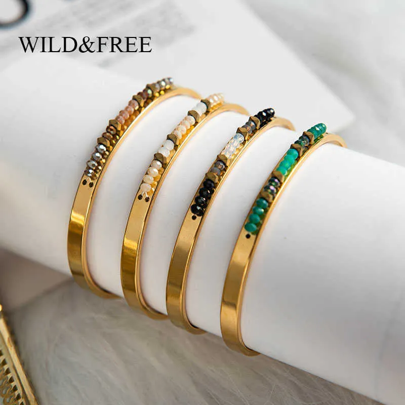 Wild Free Handgemaakte Crystal Kralen Armbanden Voor Dames Rvs Goud Open Manchet Bangle Armbanden Sieraden Groothandel Q0719