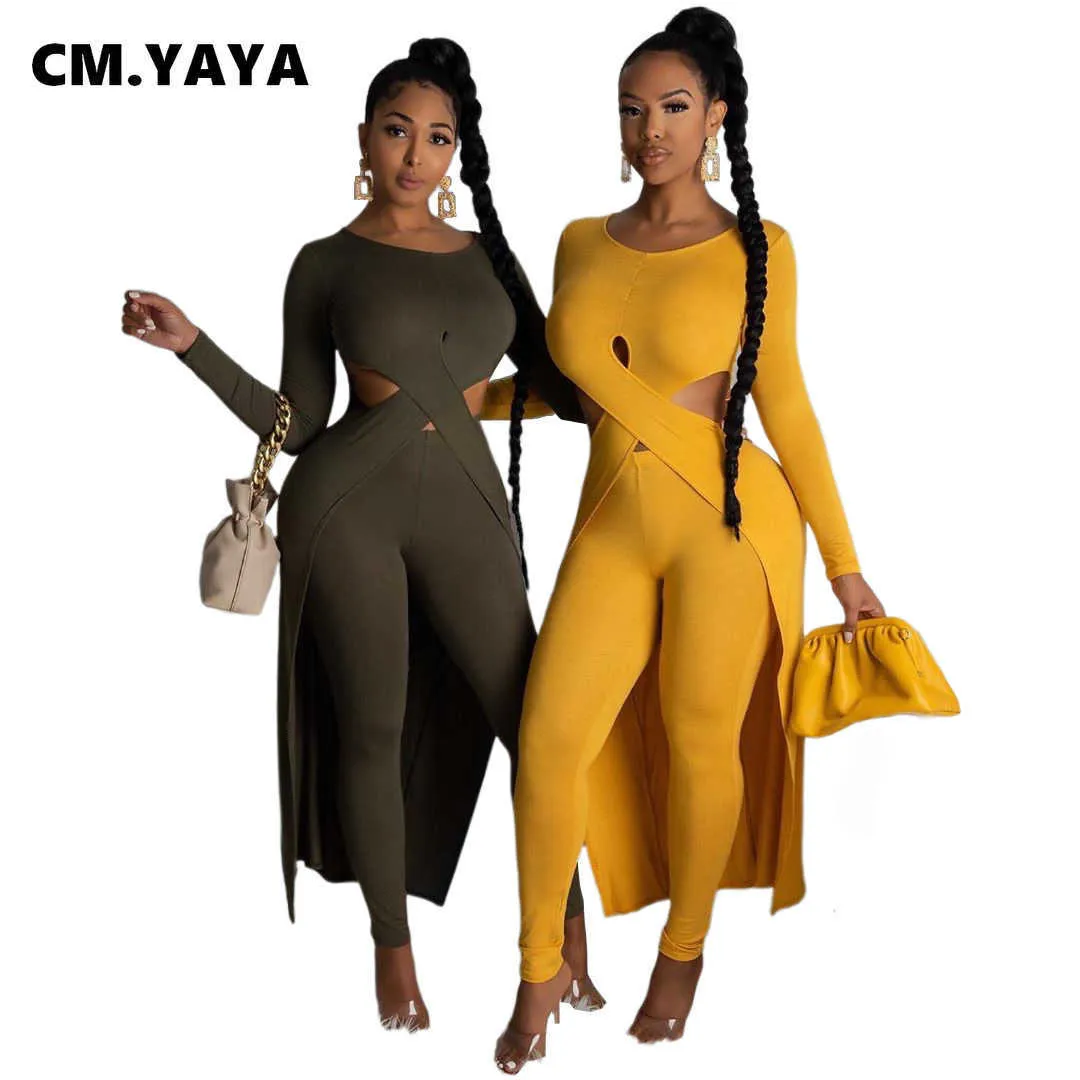 CM.YAYA Outono Conjunto Feminino Manga Full Long Cross Tops Calças Terno Active Wear Tracksuit Dois Pedaço Set Night Club Fitness Outfit Y0625