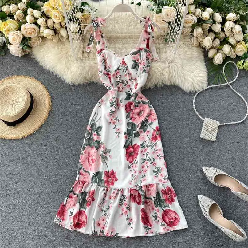 Şifon Çiçek Baskı Elbise Yaz Kadın Moda V Yaka Halter Kayışı Yüksek Bel Ince Kolsuz Vestidos L941 210527