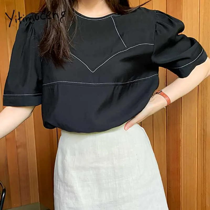 Yitimuceng Simples blusa mulheres reta linha brilhante decoração camisa coreana moda curto sopro manga preto tops verão 210601