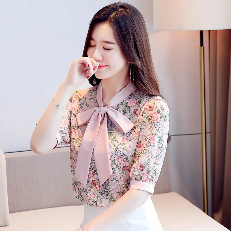 Moda coreana Moda Blusas Mulher Chiffon Blusa Camisas Mulheres Camisa  Floral Tops Plus Size Verão Mulher Tufled Sleeve Blouse Top 210225