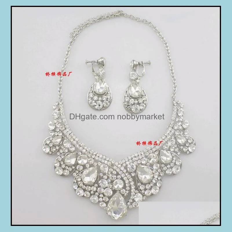 New Stone Bride Wedding Jewelry sets Earrings Necklaces Waterdrop Crystal Women Dresses Accessories Set(Earring+Sautoir) for Party