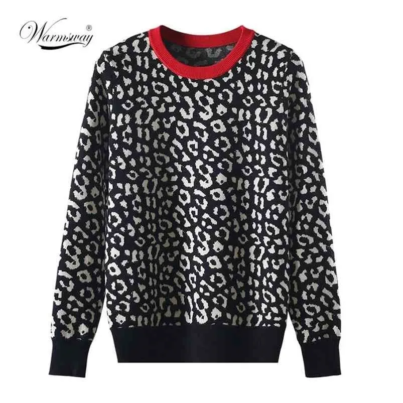 Höst Vinter Kvinnor Tröjor Leopard Stickade Pullovers Långärmad Kontrastfärg CrewNeck Jumpers Sweter Mujer C-026 210812