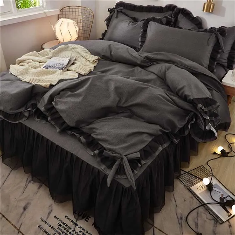 Zwart Kant Beddengoed Set Twin Volledige Queen King Bedspread Princess Dekbedovertrek Kussensloop Meisjes Kant Bed Rok Luxe Beddengoed 211203