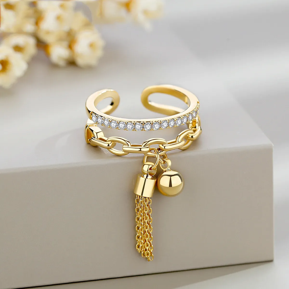 Anillos De Cristal tnicos Cadena De Eslabones Borla De Zirconia