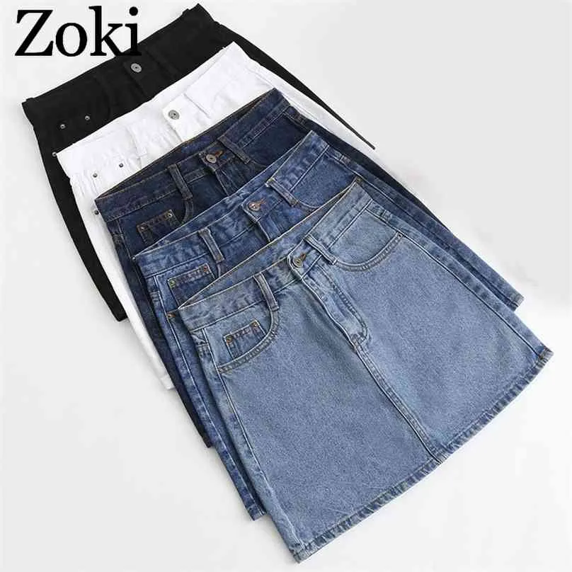 Zoki sexiga kvinnor denim mini kjol mode sommar hög midja koreanska svart blå paket höft jeans hajuku plus storlek bomull 210629